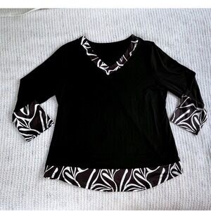 V-Neck Tunic Top Women XL Black White Excellent Abstract Trim Blouse Lightwght